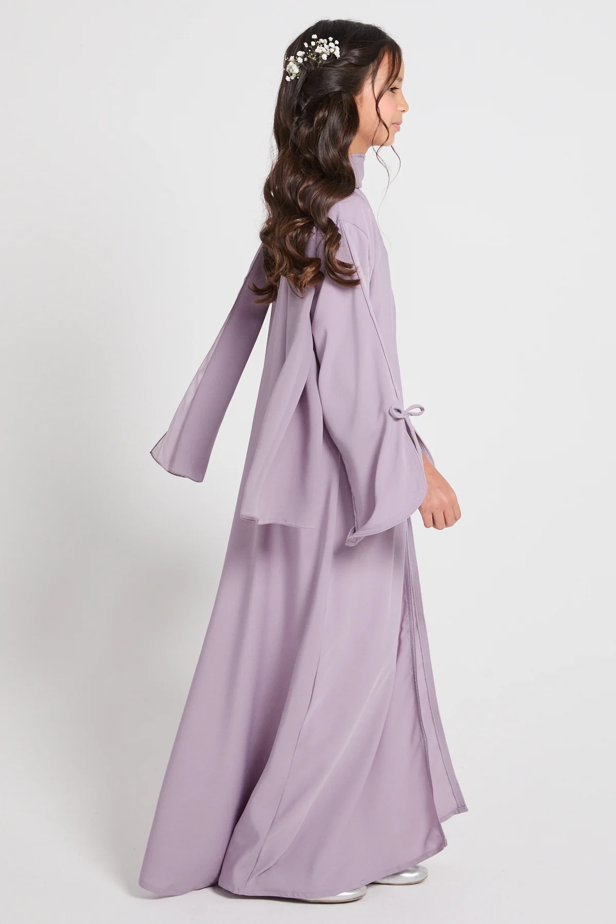Junior Girls Premium Signature Bow Cuff Open Abaya - Dusty Lilac - Image 5