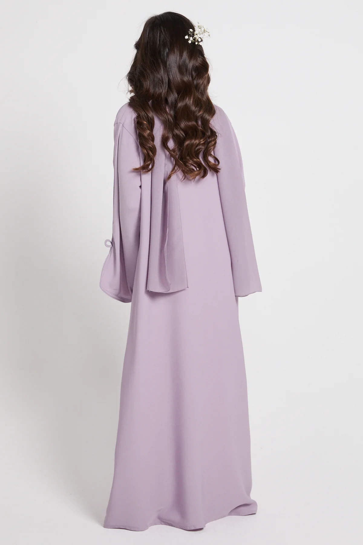Junior Girls Premium Signature Bow Cuff Open Abaya - Dusty Lilac - Image 6