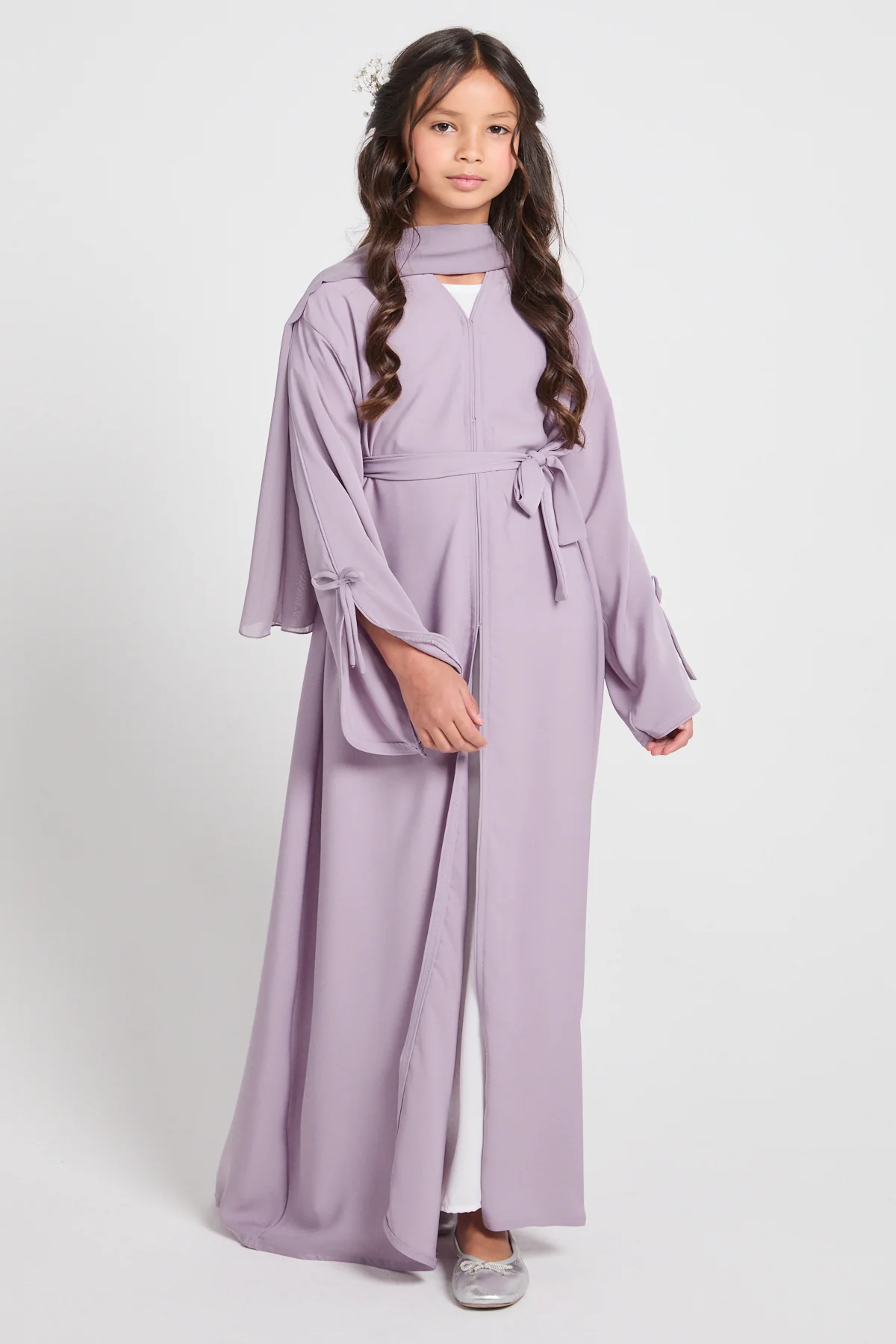 Junior Girls Premium Signature Bow Cuff Open Abaya - Dusty Lilac - Image 7