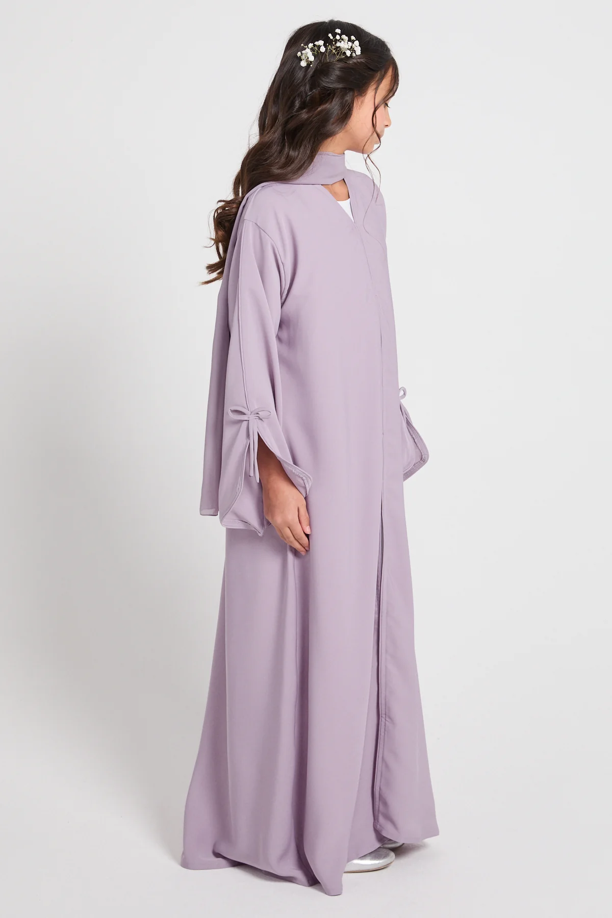 Junior Girls Premium Signature Bow Cuff Open Abaya - Dusty Lilac - Image 9