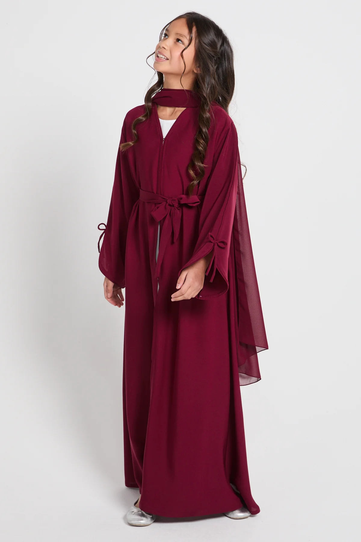Junior Girls Premium Signature Bow Cuff Open Abaya - Pomegranate Noir