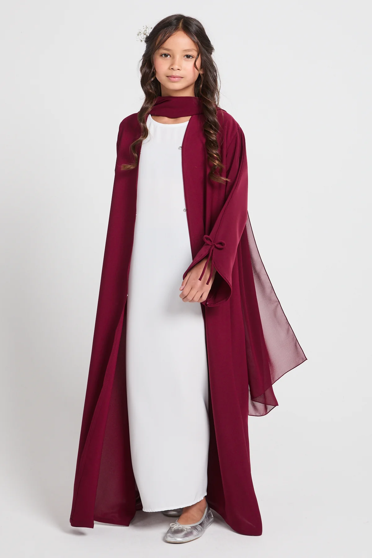 Junior Girls Premium Signature Bow Cuff Open Abaya - Pomegranate Noir - Image 6