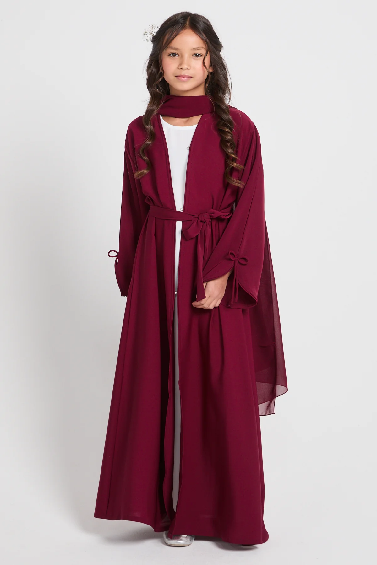 Junior Girls Premium Signature Bow Cuff Open Abaya - Pomegranate Noir - Image 8