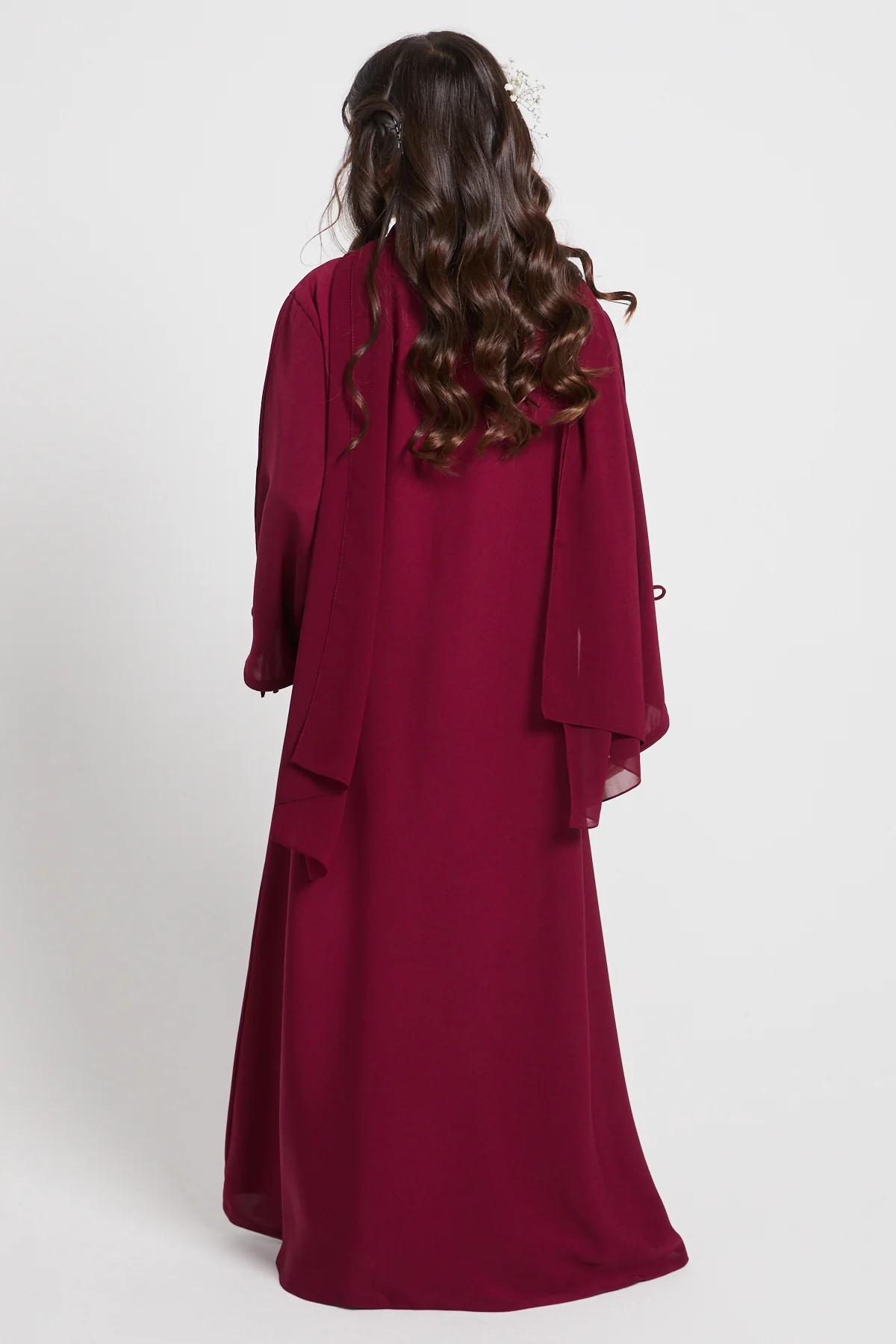 Junior Girls Premium Signature Bow Cuff Open Abaya - Pomegranate Noir - Image 9