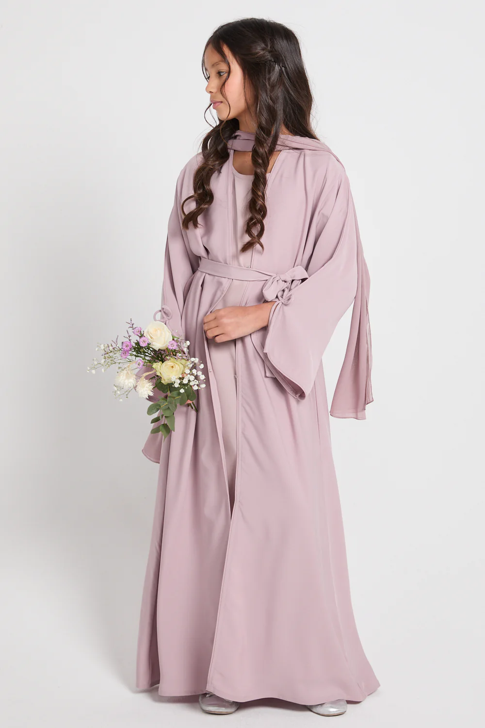 Junior Girls Premium Signature Bow Cuff Open Abaya - Rosaline
