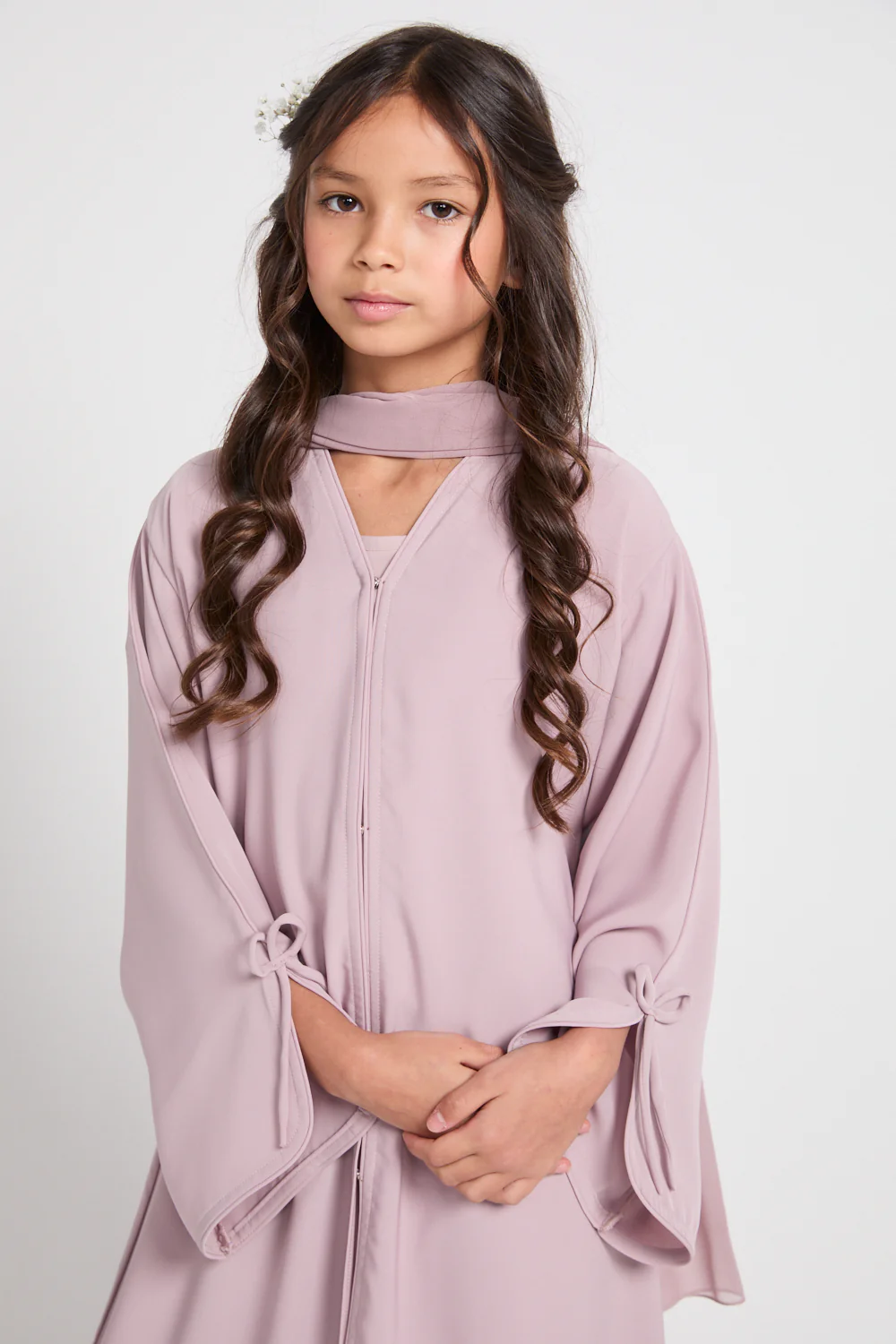 Junior Girls Premium Signature Bow Cuff Open Abaya - Rosaline - Image 2
