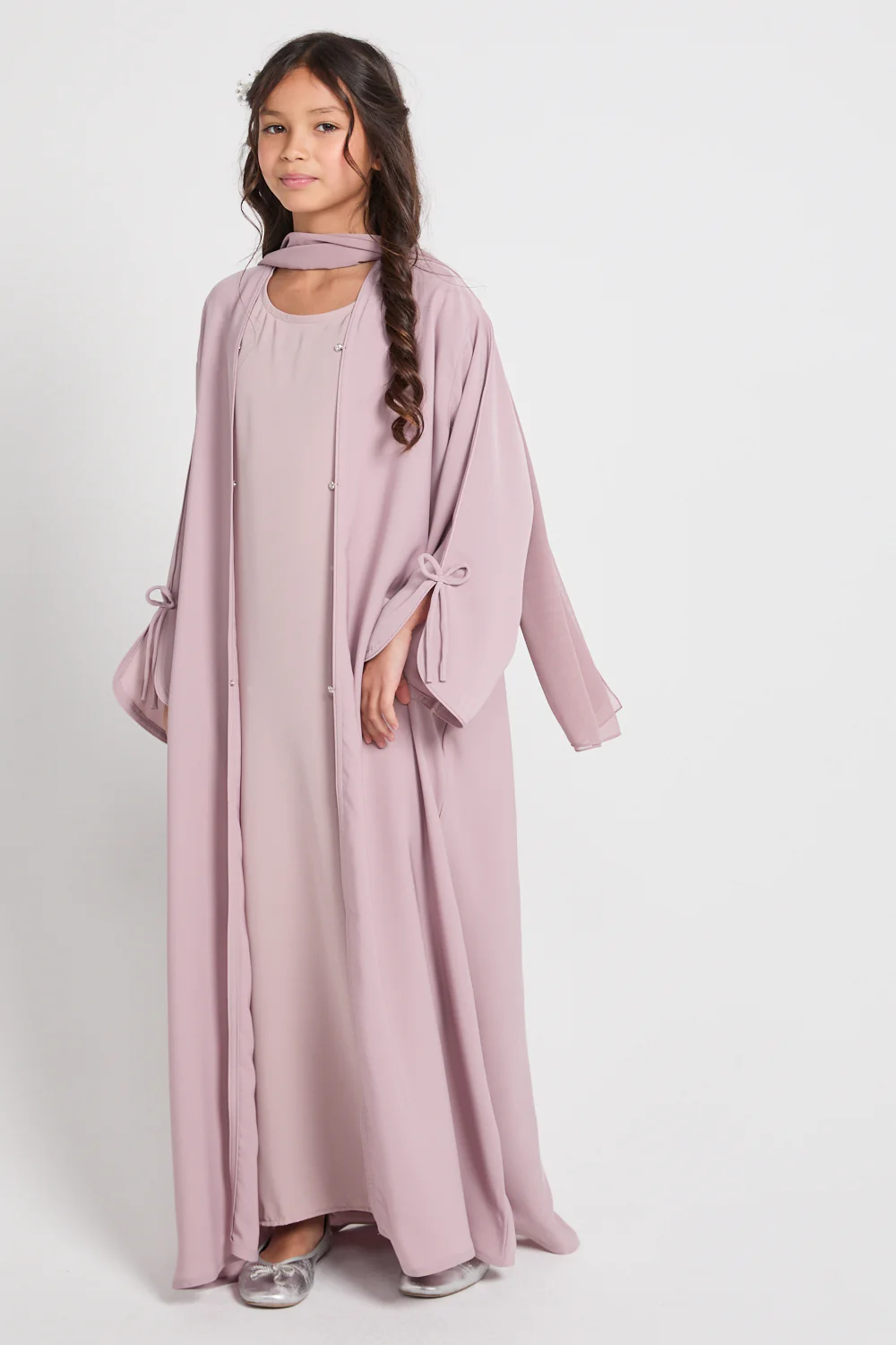 Junior Girls Premium Signature Bow Cuff Open Abaya - Rosaline - Image 3