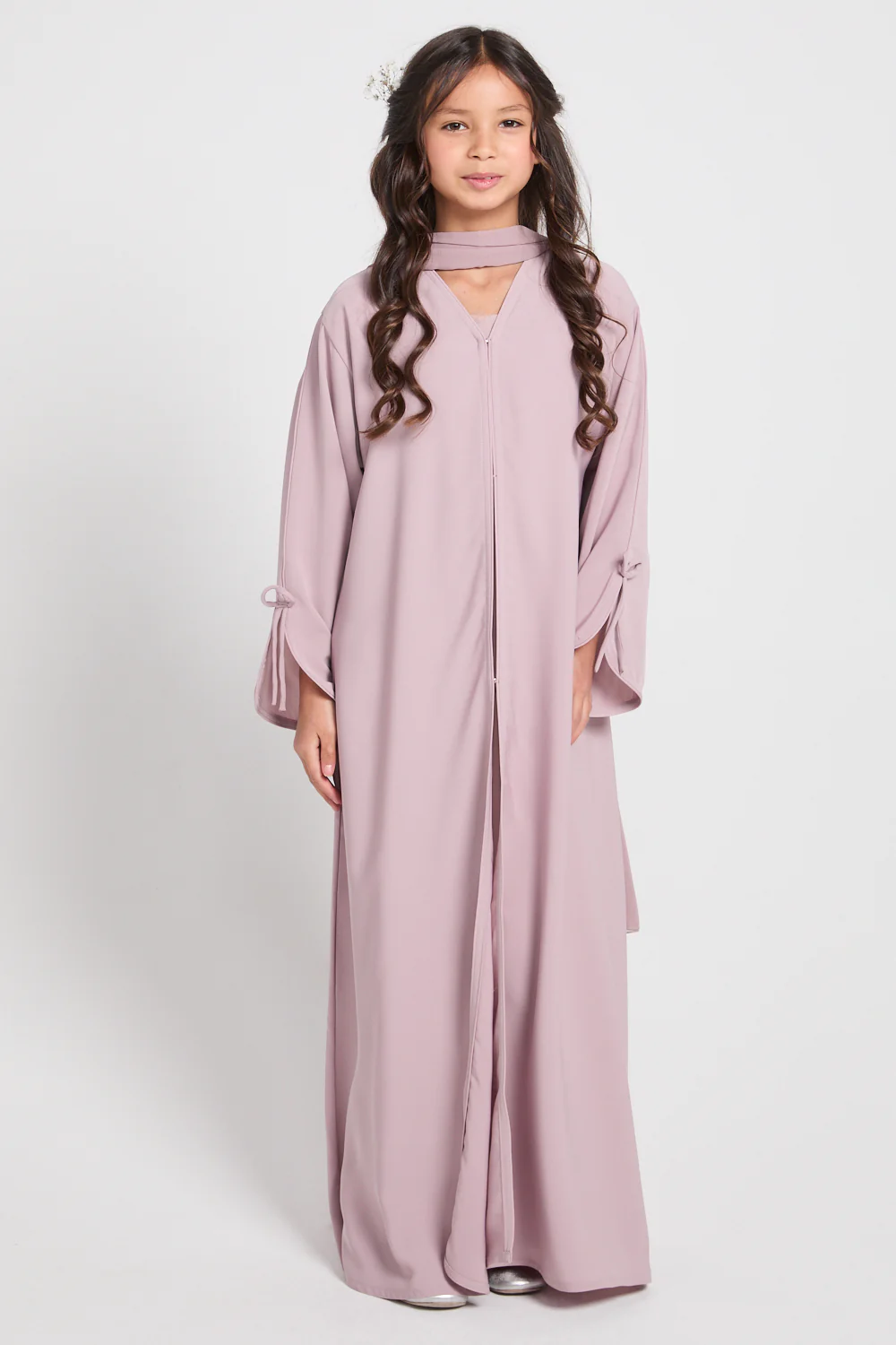 Junior Girls Premium Signature Bow Cuff Open Abaya - Rosaline - Image 9