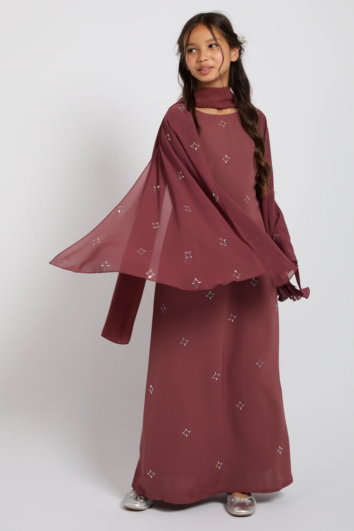 Junior Girls Premium Stardust Cape Sleeve Closed Abaya – Dusty Rosewood