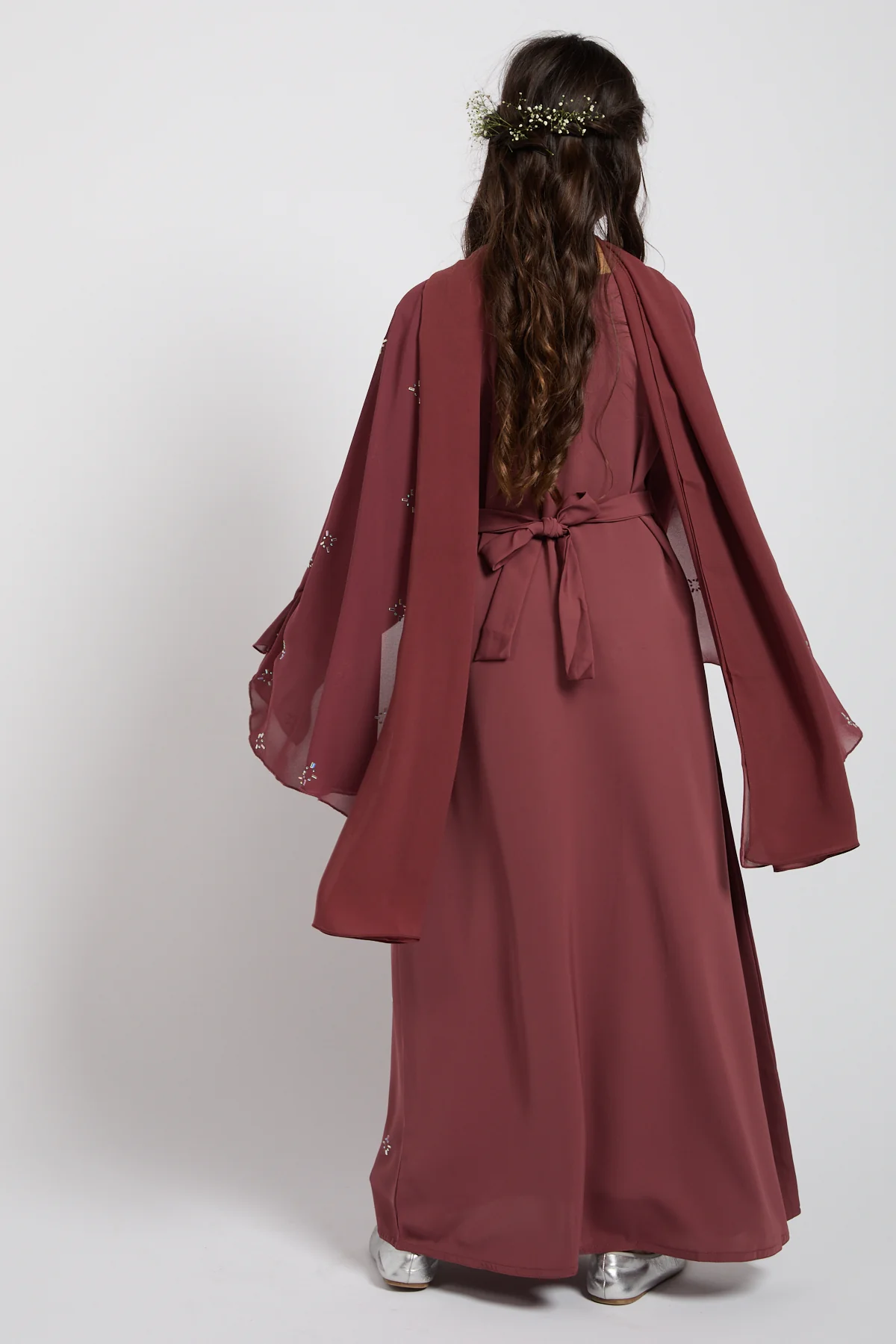 Junior Girls Premium Stardust Cape Sleeve Closed Abaya – Dusty Rosewood - Image 4