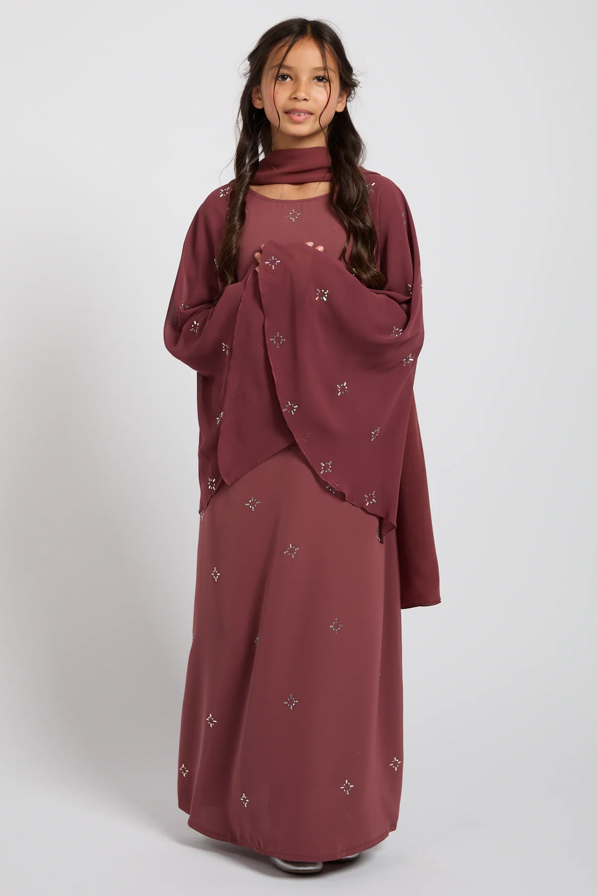Junior Girls Premium Stardust Cape Sleeve Closed Abaya – Dusty Rosewood - Image 5