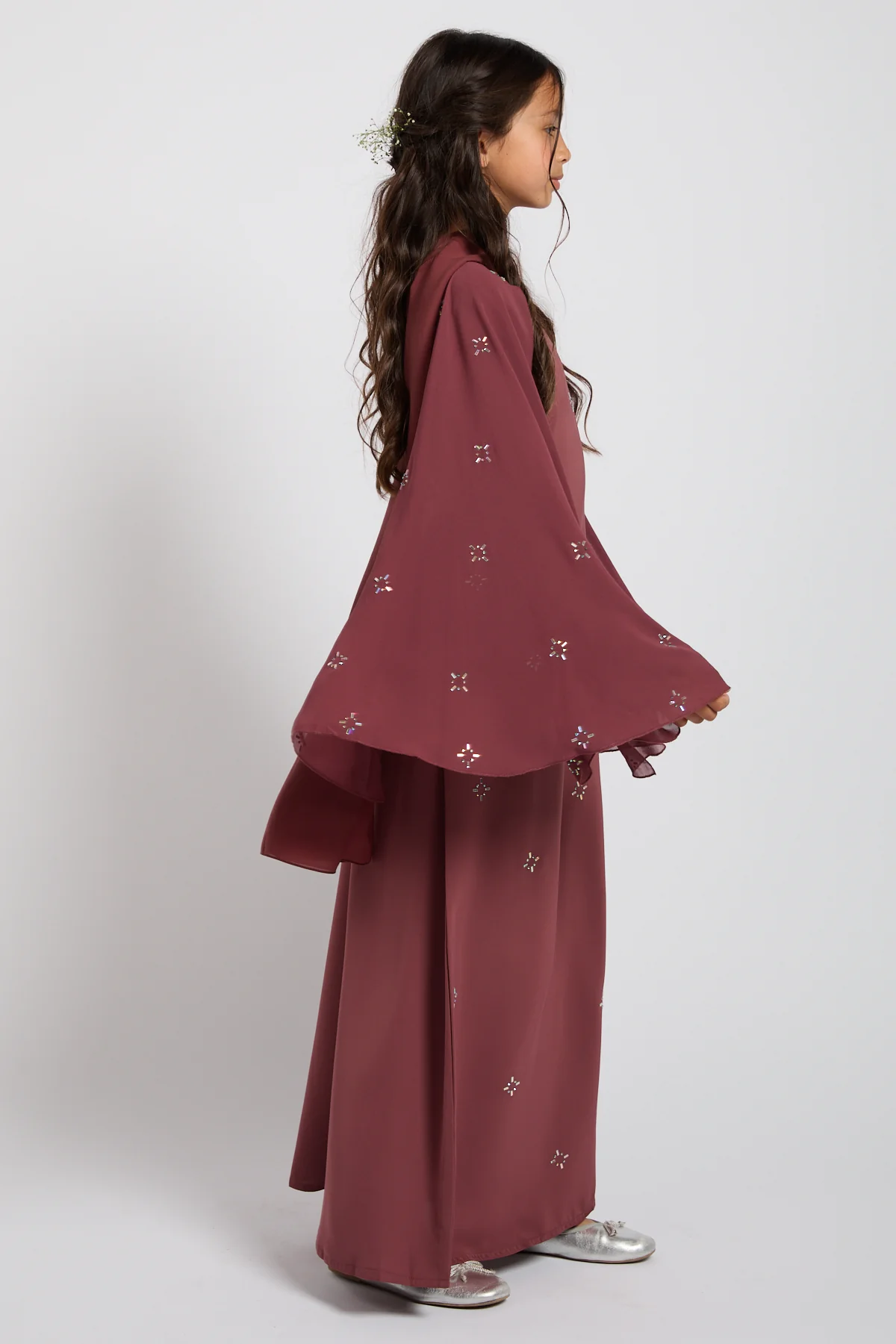 Junior Girls Premium Stardust Cape Sleeve Closed Abaya – Dusty Rosewood - Image 6