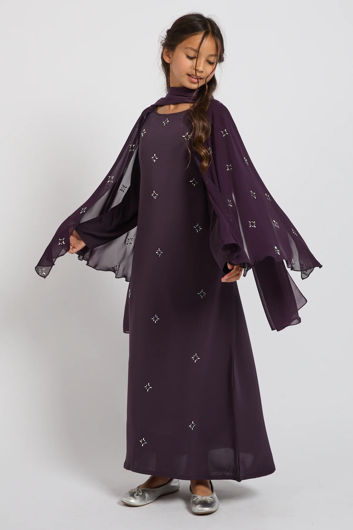 Junior Girls Premium Stardust Cape Sleeve Closed Abaya – Midnight Plum - PRE ORDER