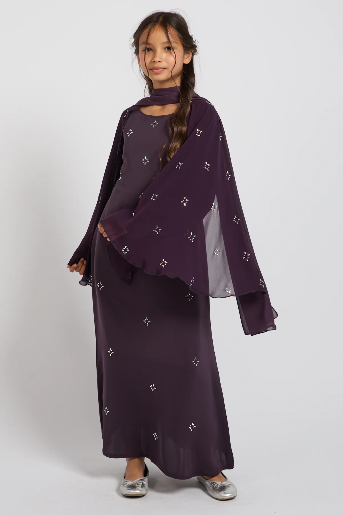 Junior Girls Premium Stardust Cape Sleeve Closed Abaya – Midnight Plum - PRE ORDER - Image 4
