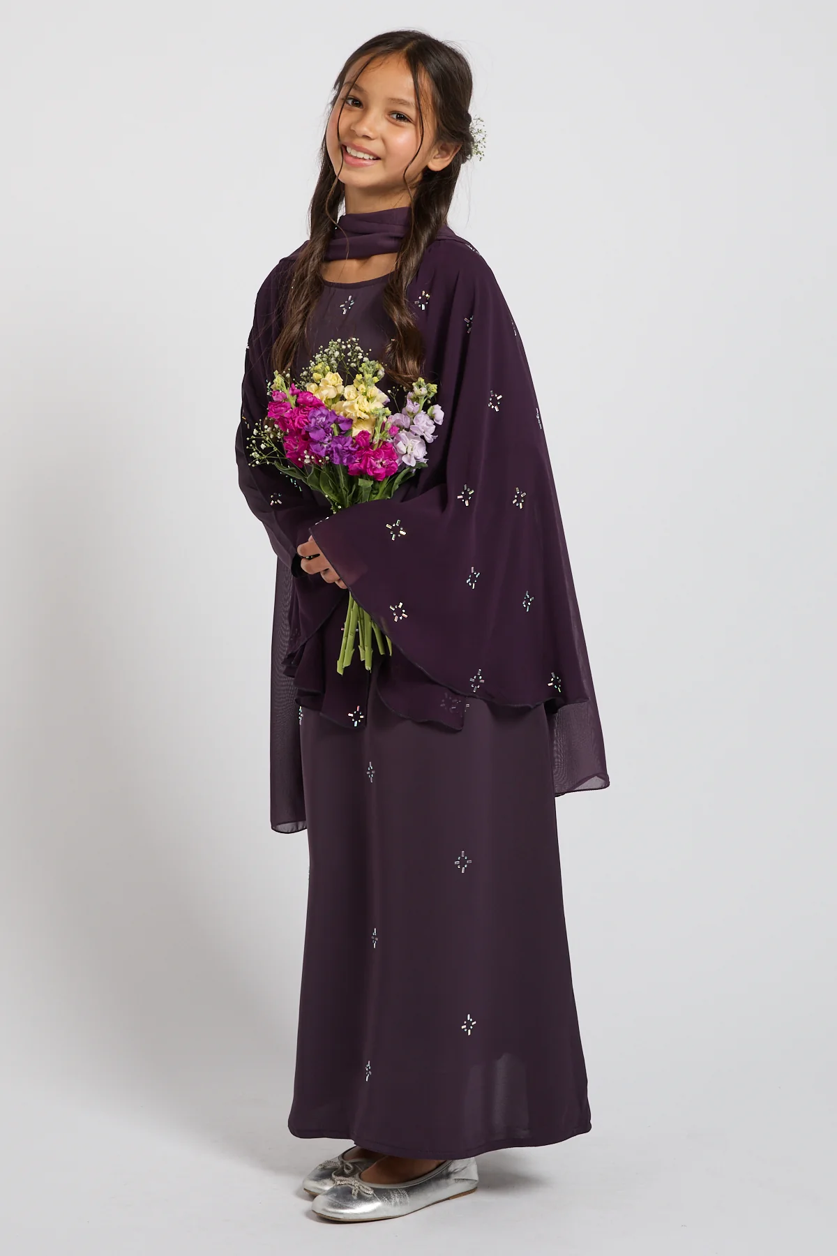 Junior Girls Premium Stardust Cape Sleeve Closed Abaya – Midnight Plum - PRE ORDER - Image 6