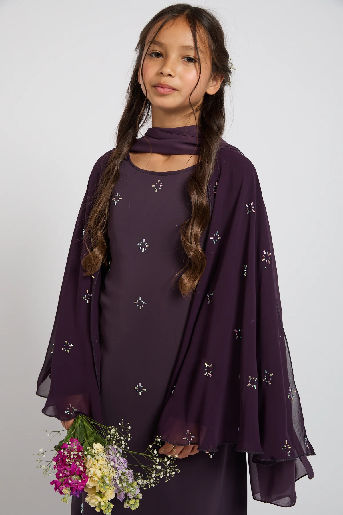Junior Girls Premium Stardust Cape Sleeve Closed Abaya – Midnight Plum - PRE ORDER - Image 7