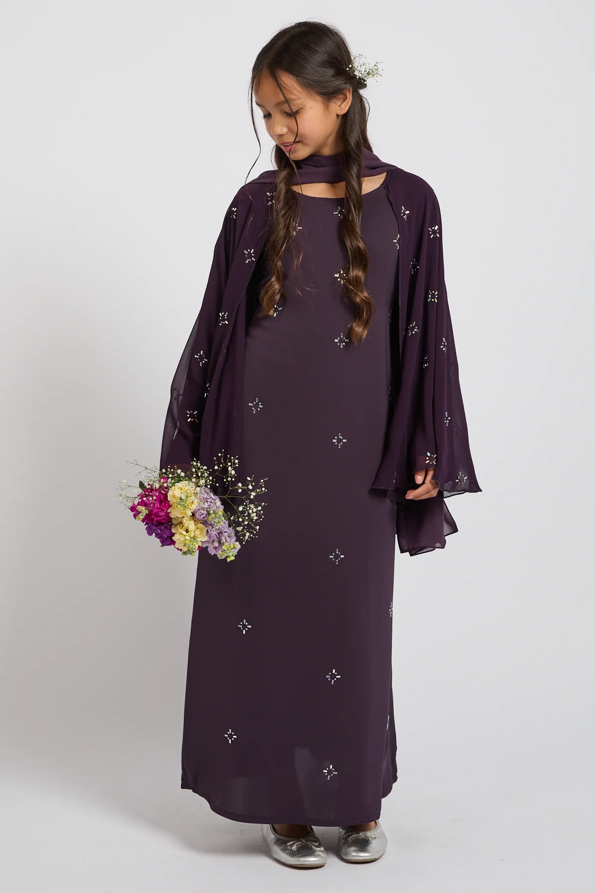 Junior Girls Premium Stardust Cape Sleeve Closed Abaya – Midnight Plum - PRE ORDER - Image 8