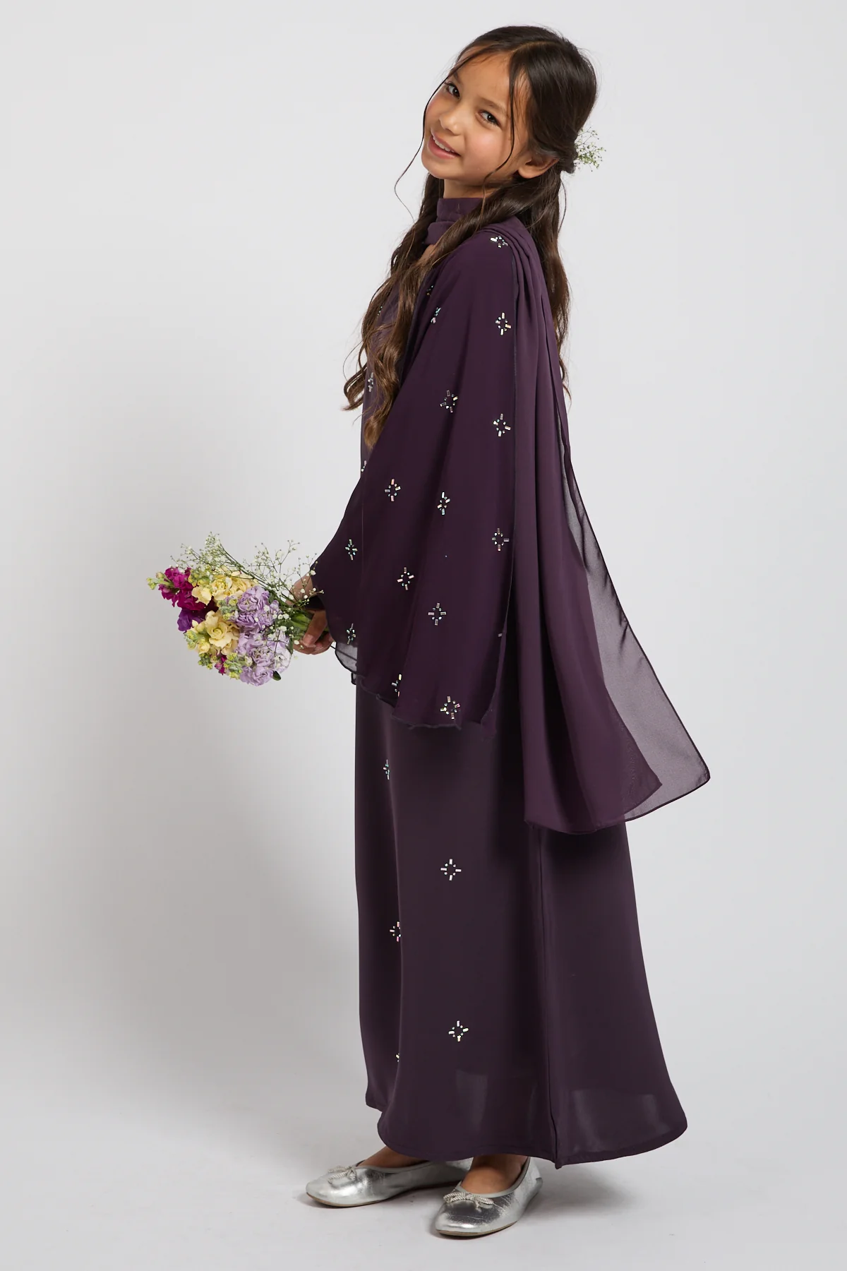 Junior Girls Premium Stardust Cape Sleeve Closed Abaya – Midnight Plum - PRE ORDER - Image 9
