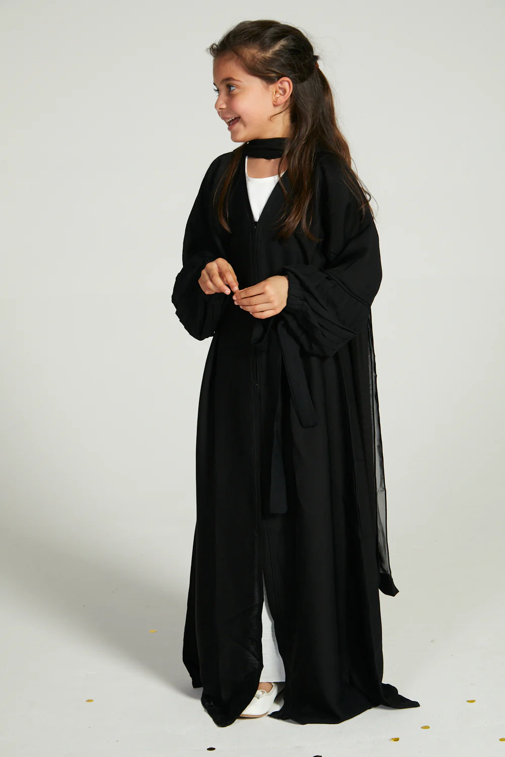 Junior Girls Premium Textured Open Abaya with Pleated Cuffs - Black - Image 3