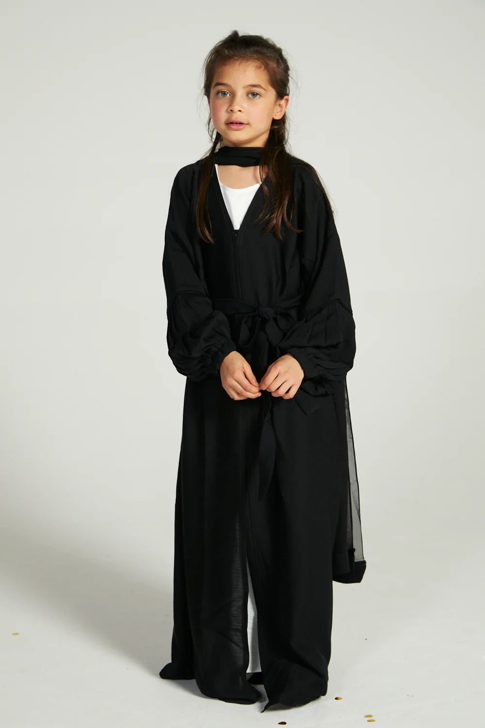 Junior Girls Premium Textured Open Abaya with Pleated Cuffs - Black - Image 4