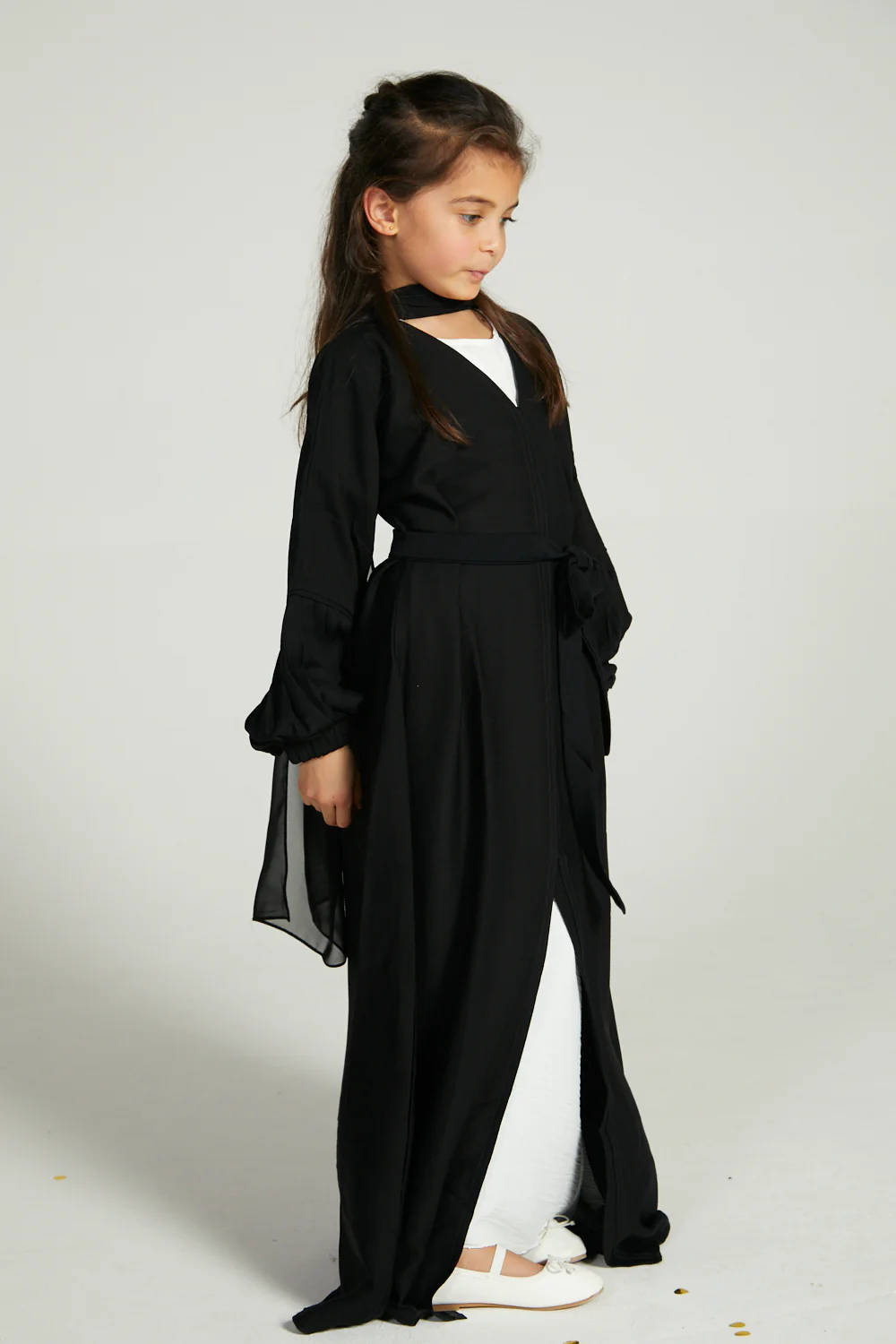 Junior Girls Premium Textured Open Abaya with Pleated Cuffs - Black - Image 5