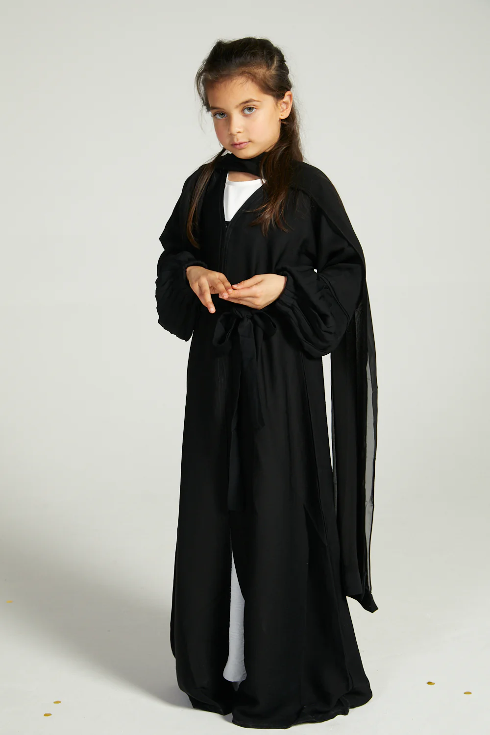 Junior Girls Premium Textured Open Abaya with Pleated Cuffs - Black - Image 6