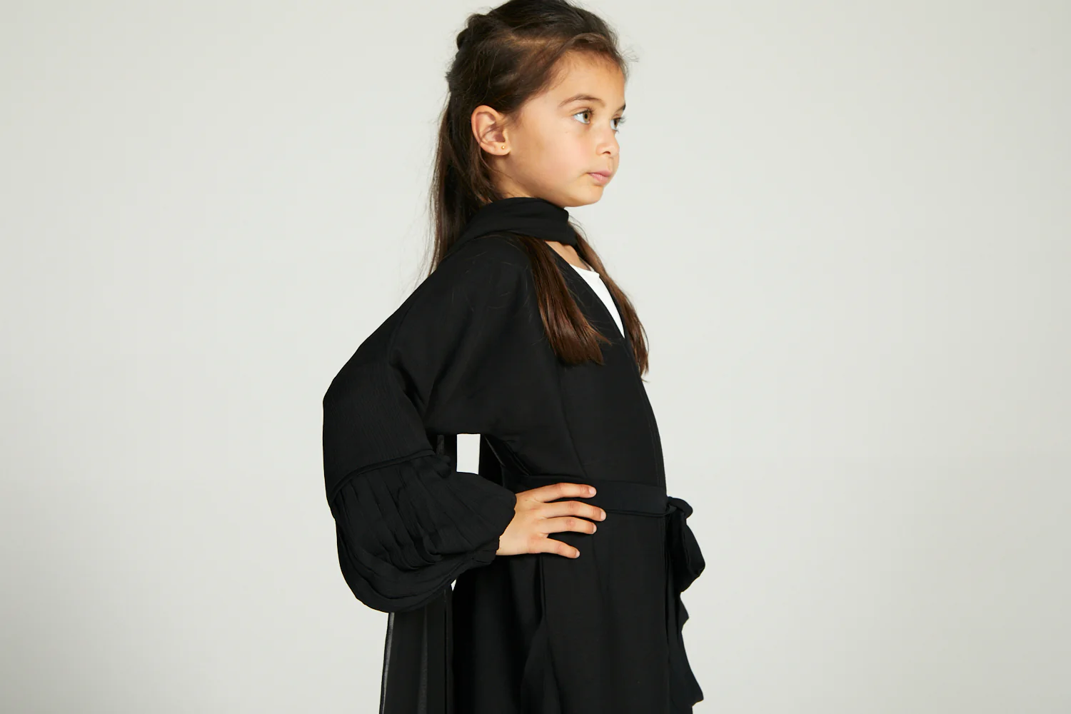 Junior Girls Premium Textured Open Abaya with Pleated Cuffs - Black - Image 7
