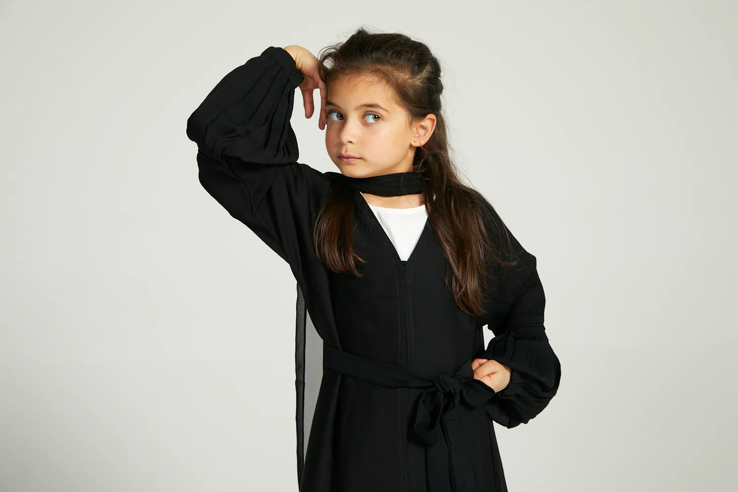 Junior Girls Premium Textured Open Abaya with Pleated Cuffs - Black - Image 8