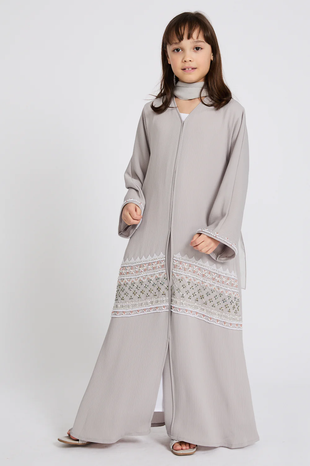 Junior Girls Premium Textured Timeless Grace Embellished Open Abaya-Dove Grey - Image 3
