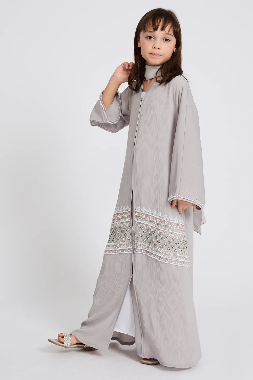 Junior Girls Premium Textured Timeless Grace Embellished Open Abaya-Dove Grey - Image 4
