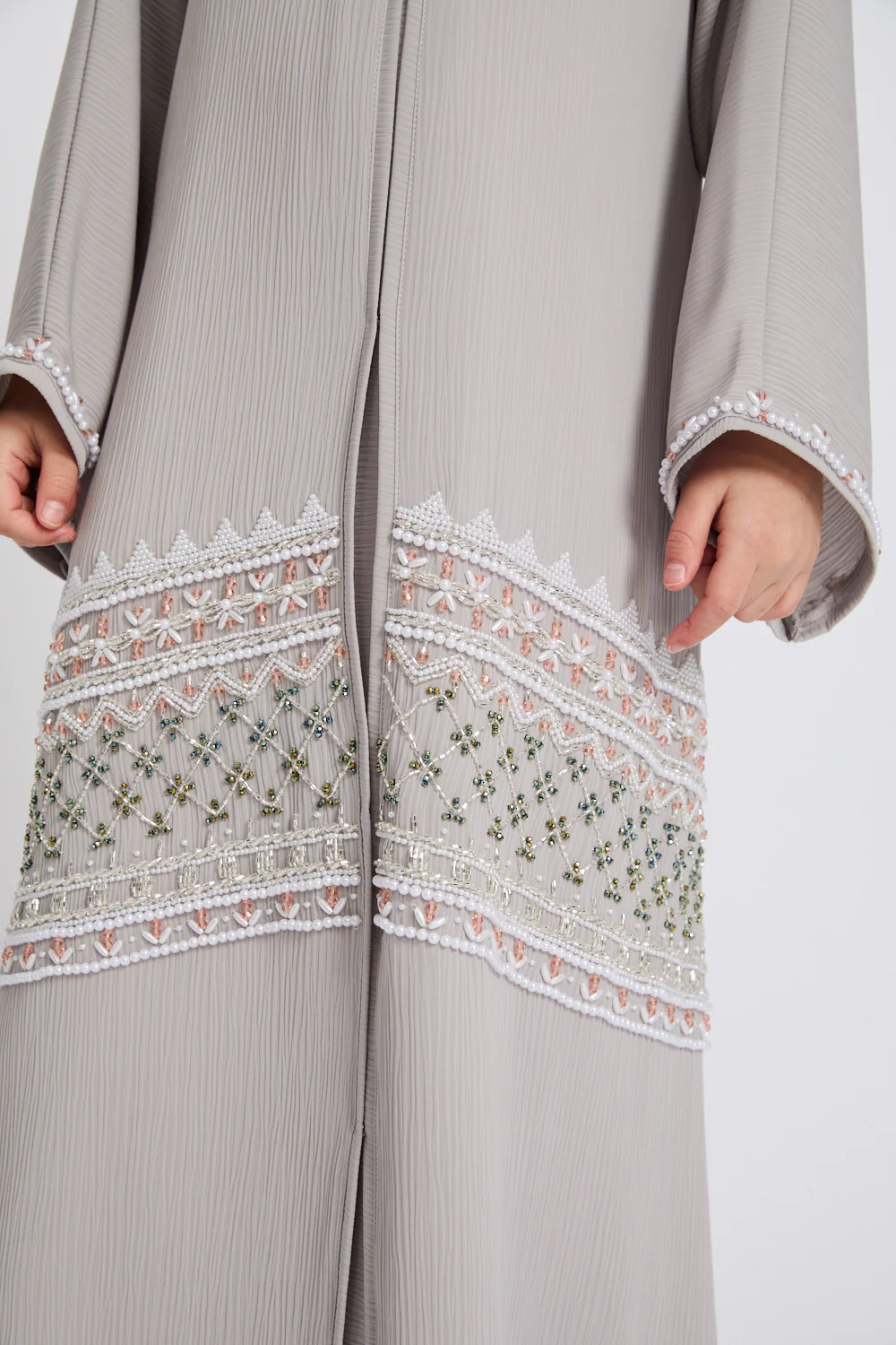 Junior Girls Premium Textured Timeless Grace Embellished Open Abaya-Dove Grey - Image 5