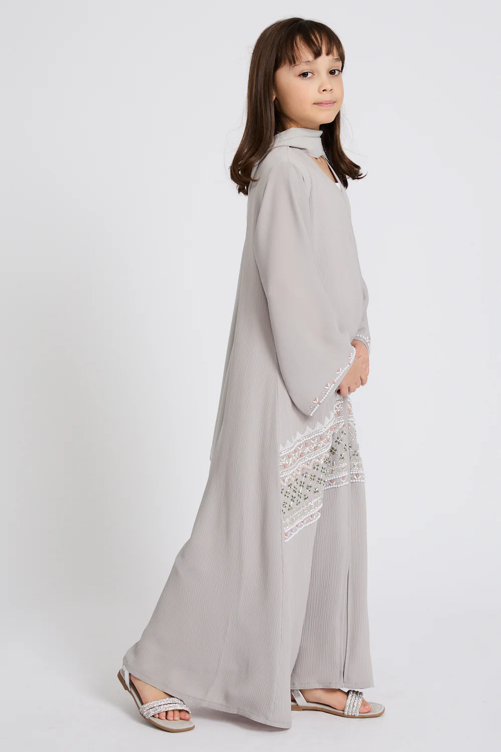 Junior Girls Premium Textured Timeless Grace Embellished Open Abaya-Dove Grey - Image 6