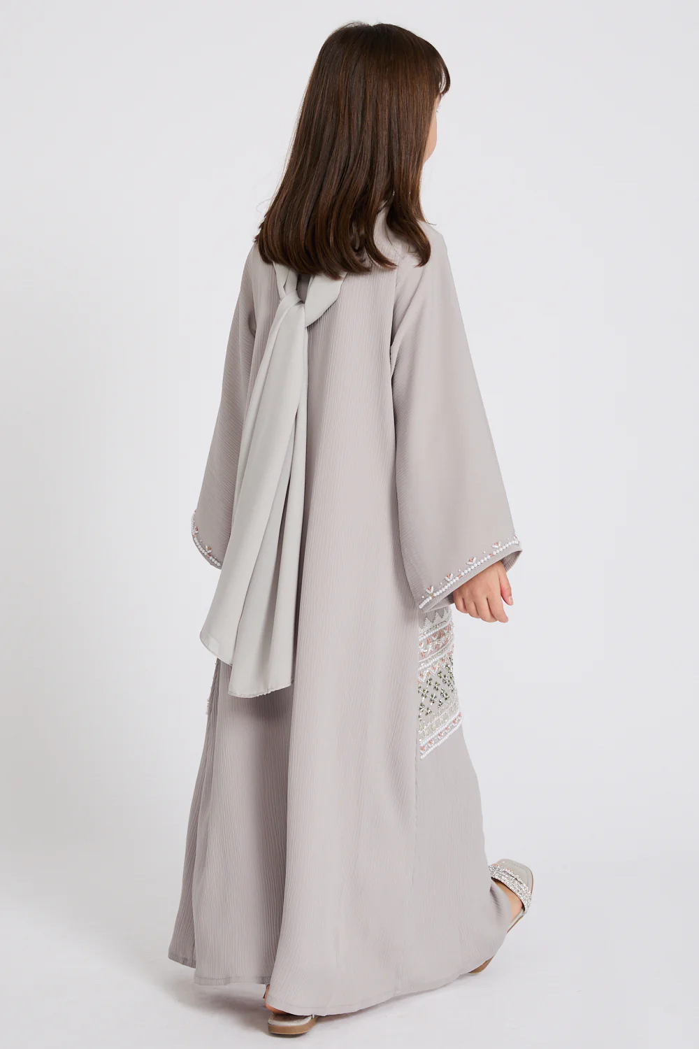 Junior Girls Premium Textured Timeless Grace Embellished Open Abaya-Dove Grey - Image 7