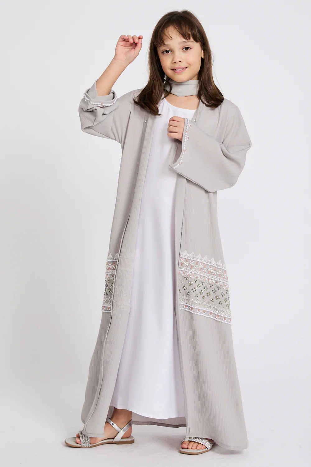 Junior Girls Premium Textured Timeless Grace Embellished Open Abaya-Dove Grey - Image 8