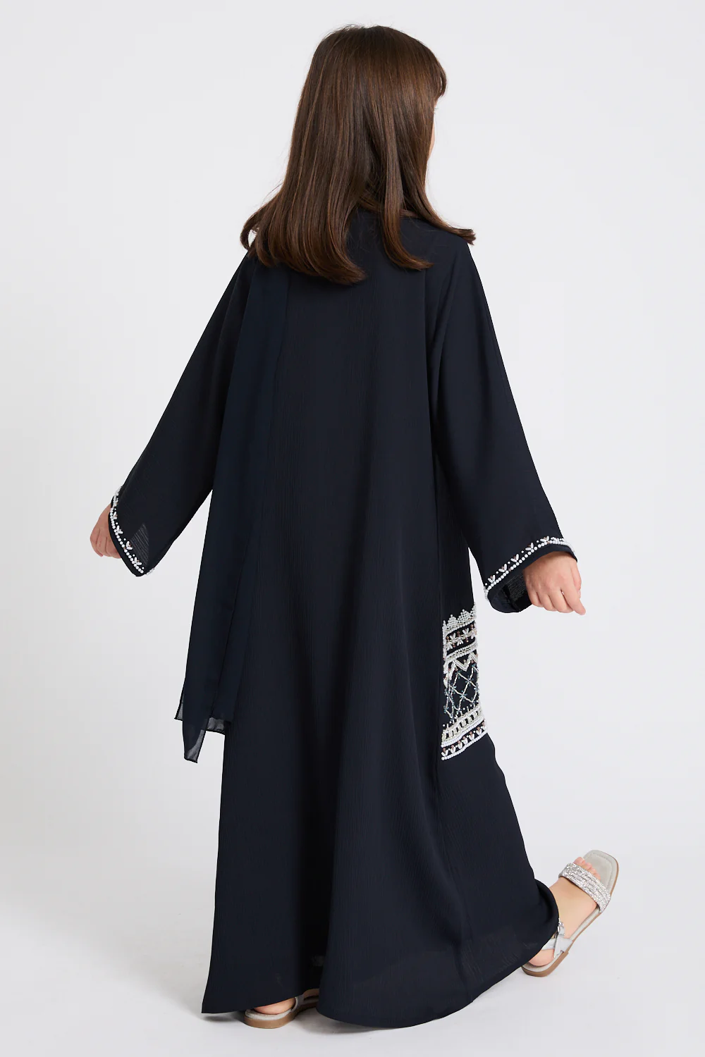 Junior Girls Premium Textured Timeless Grace Embellished Open Abaya - Navy - Image 10
