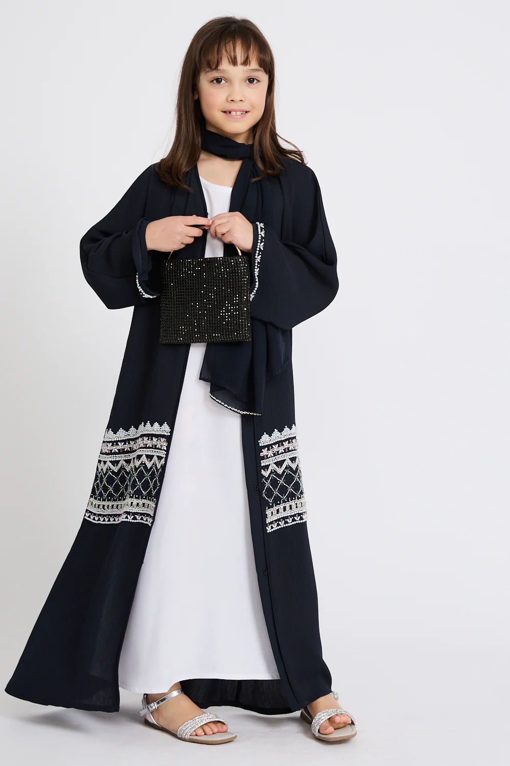 Junior Girls Premium Textured Timeless Grace Embellished Open Abaya - Navy - Image 5