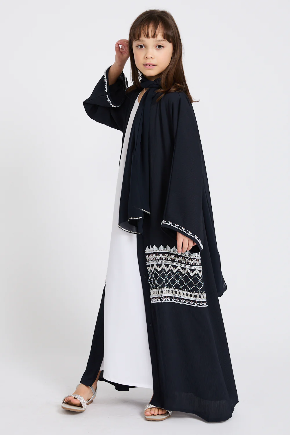 Junior Girls Premium Textured Timeless Grace Embellished Open Abaya - Navy - Image 6
