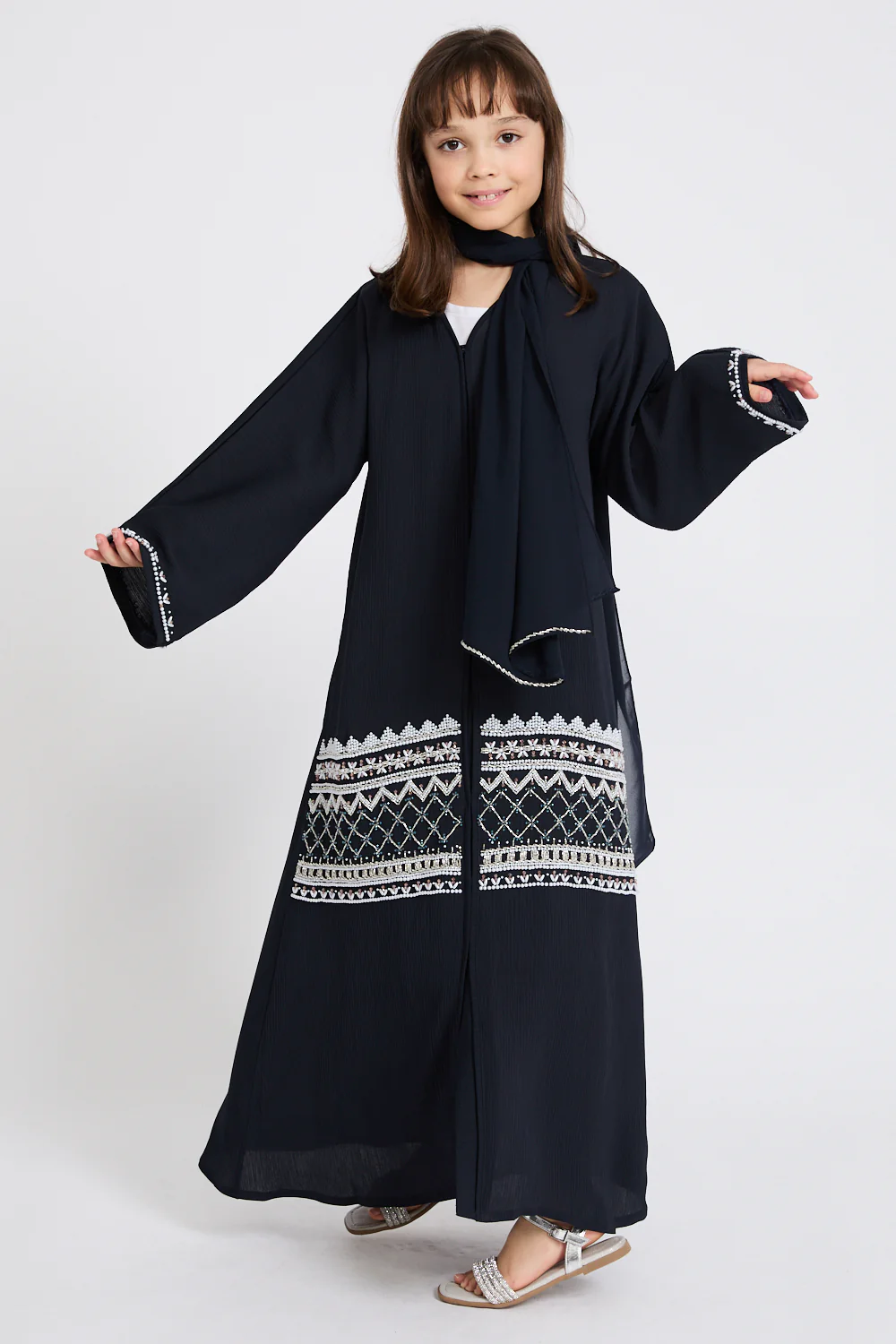 Junior Girls Premium Textured Timeless Grace Embellished Open Abaya - Navy - Image 7