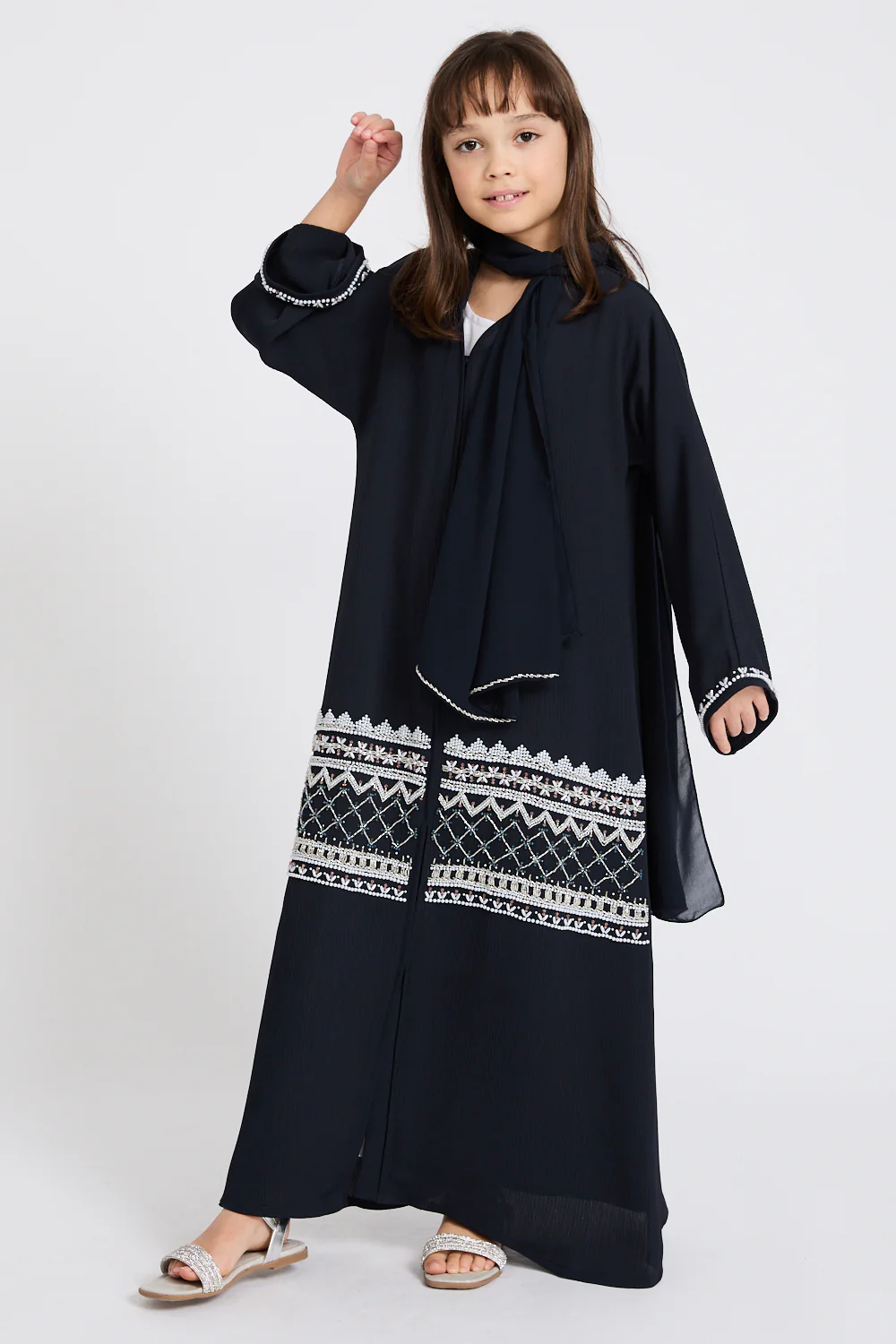 Junior Girls Premium Textured Timeless Grace Embellished Open Abaya - Navy - Image 8