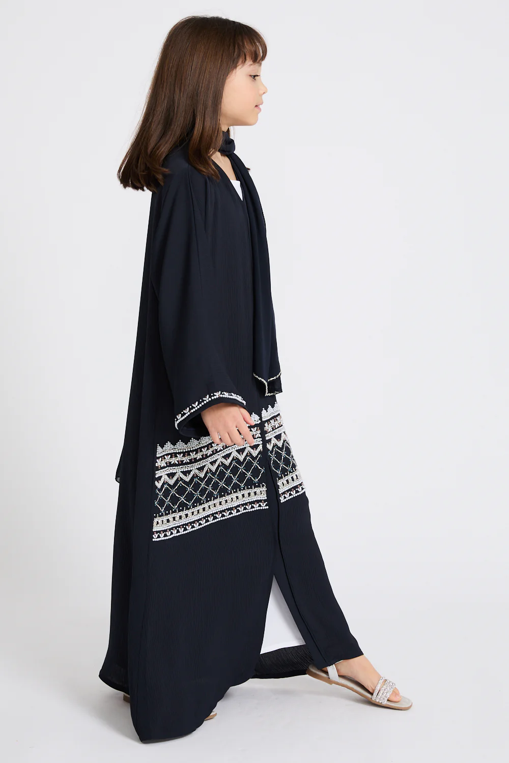 Junior Girls Premium Textured Timeless Grace Embellished Open Abaya - Navy - Image 9