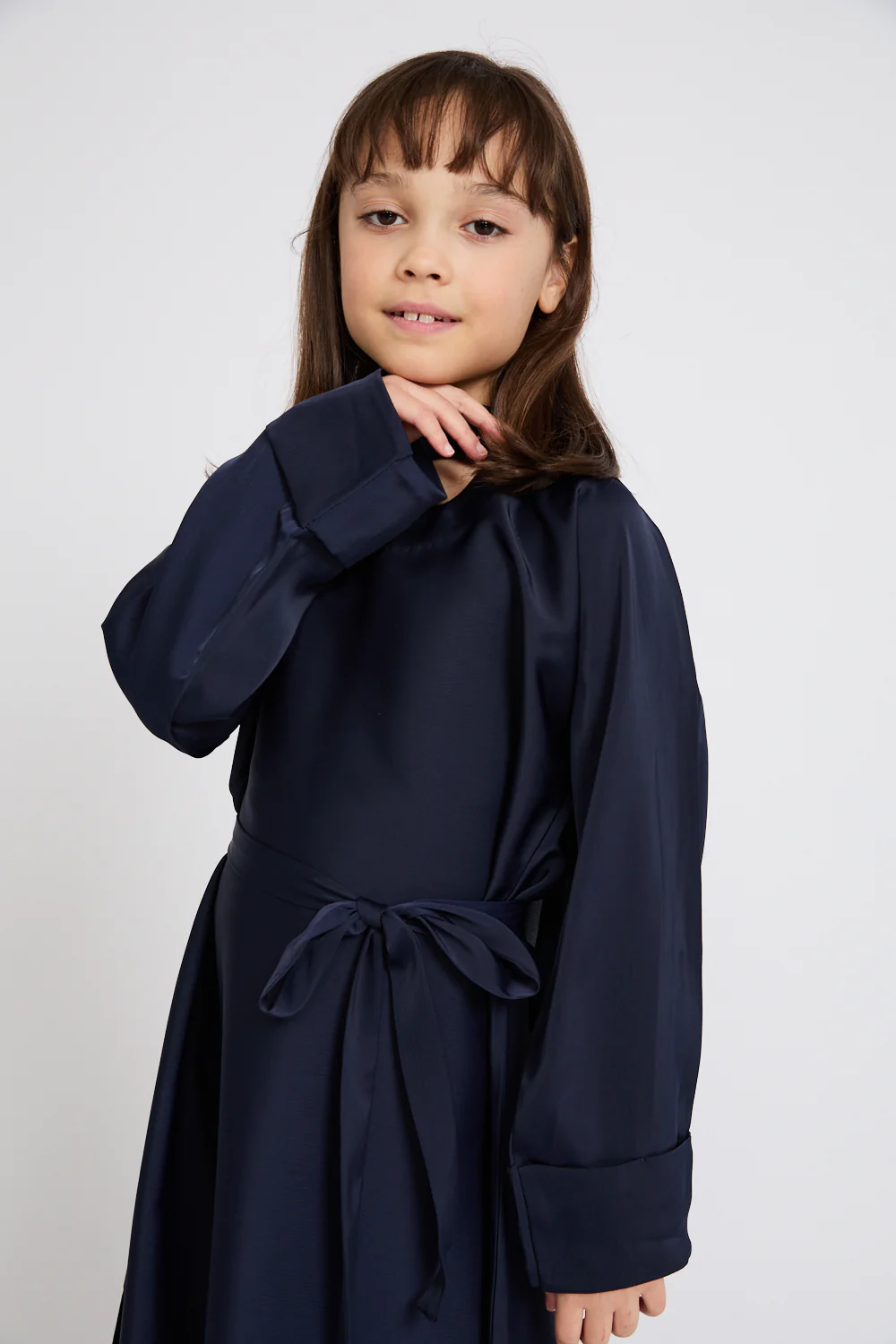 Junior Girls Premium Timeless Closed Abaya with Folded Cuff - Deep Navy - Image 2