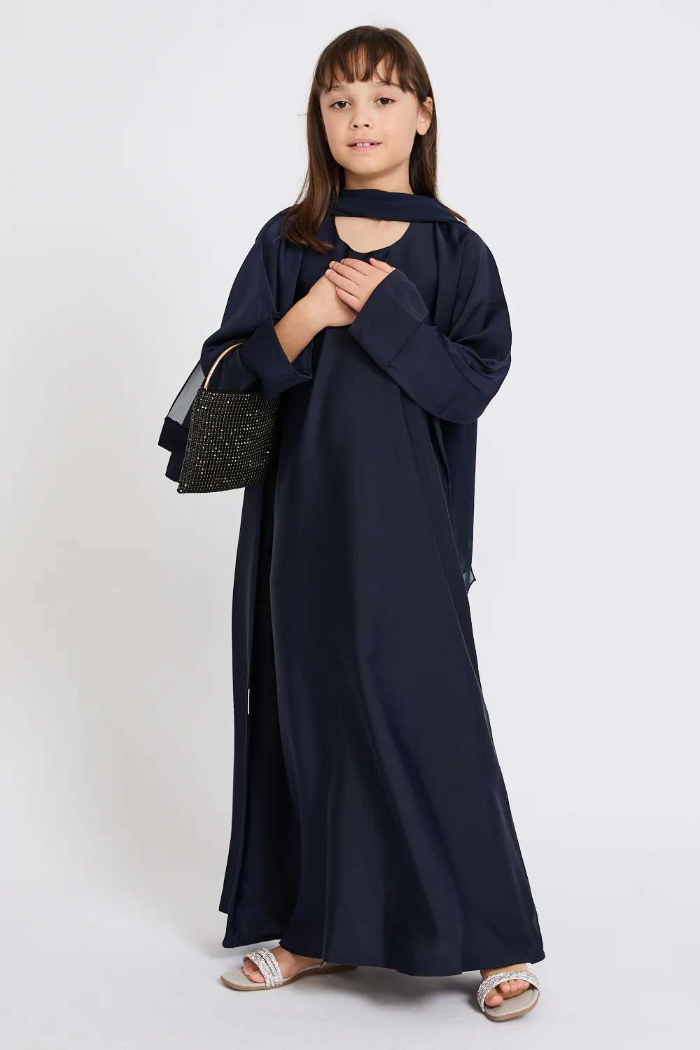 Junior Girls Premium Timeless Closed Abaya with Folded Cuff - Deep Navy - Image 3