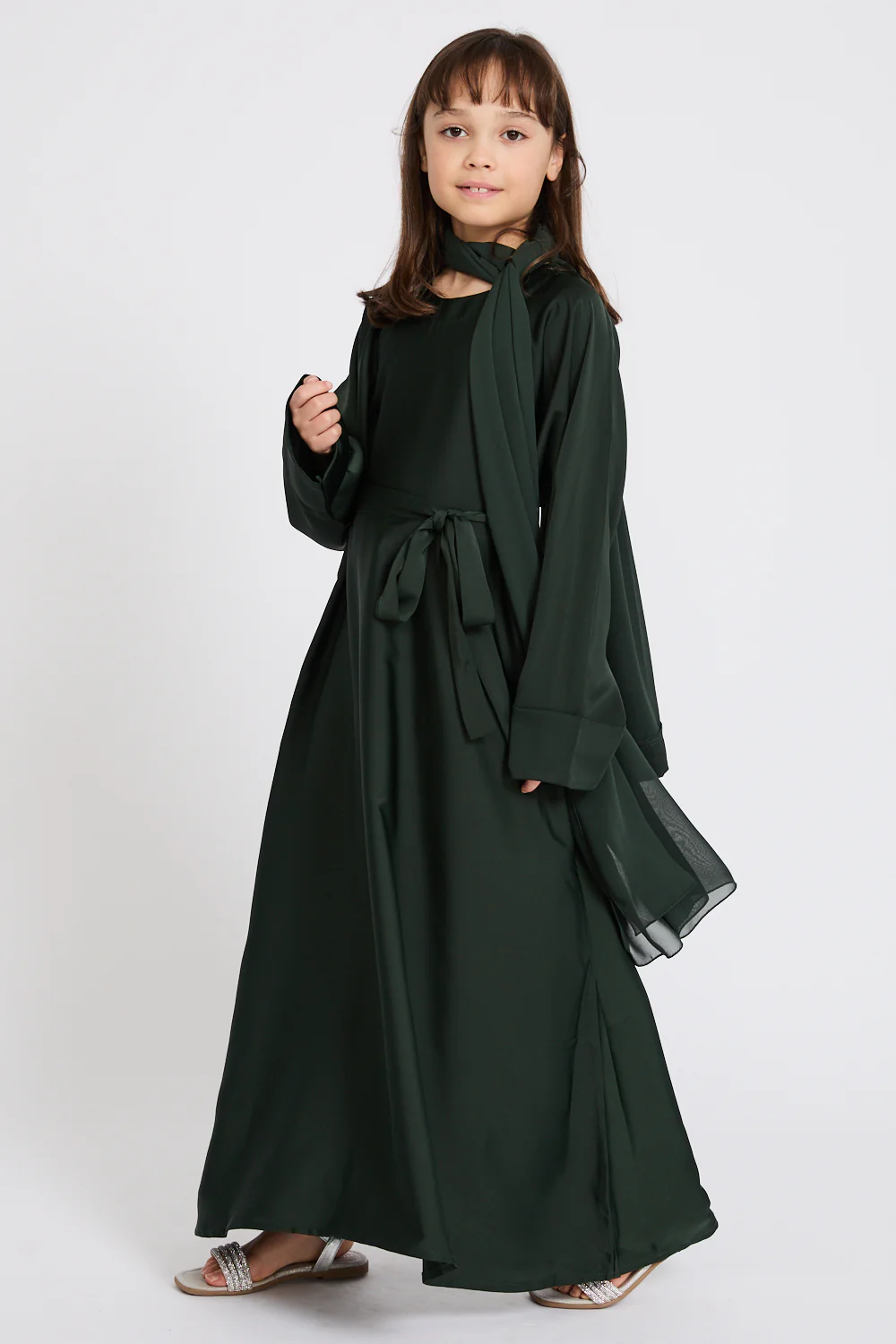 Junior Girls Premium Timeless Closed Abaya with Folded Cuff - Forest Green