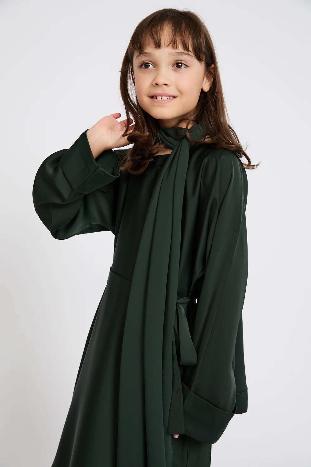 Junior Girls Premium Timeless Closed Abaya with Folded Cuff - Forest Green - Image 2