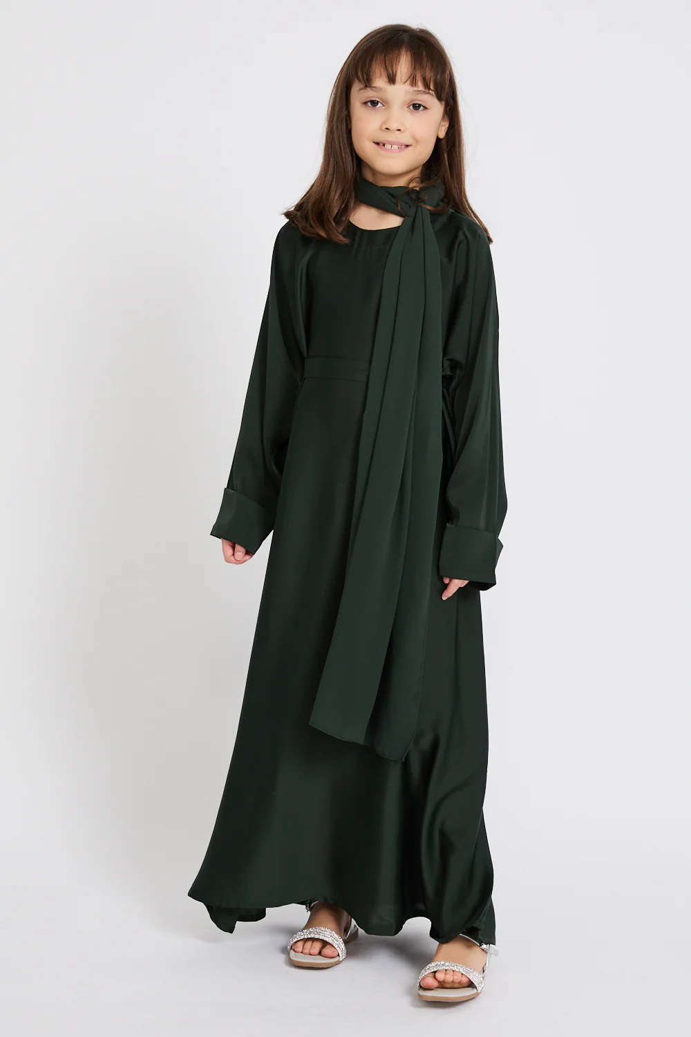 Junior Girls Premium Timeless Closed Abaya with Folded Cuff - Forest Green - Image 6