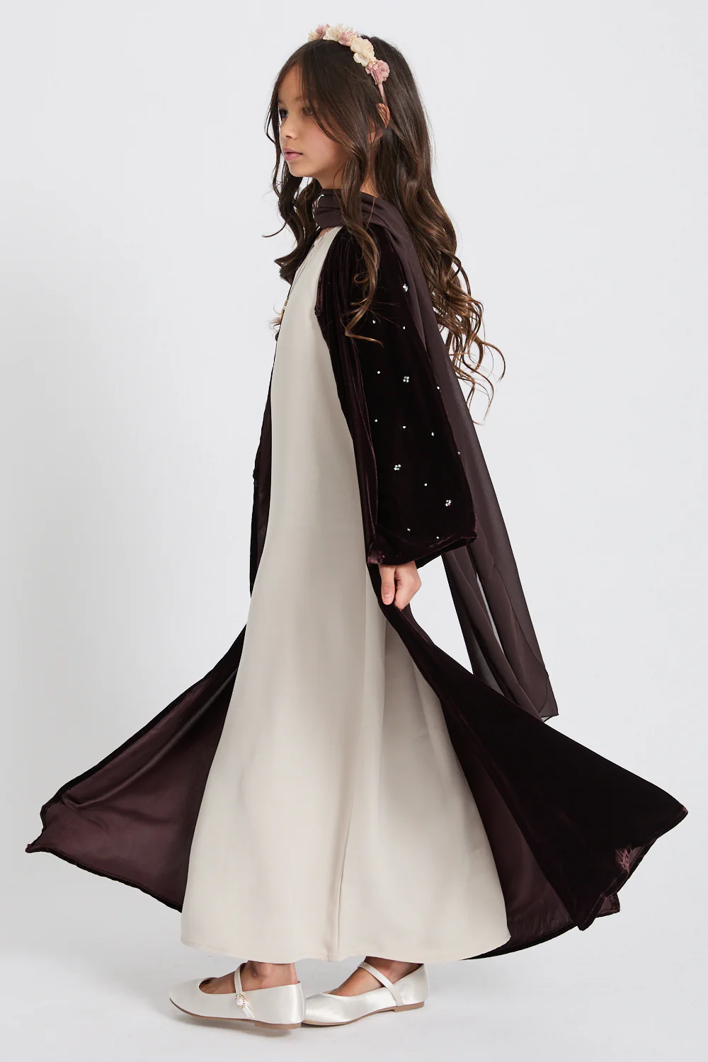 Junior Girls Premium Velvet Starlight Embellished Open Abaya - Rich Brown - Image 3