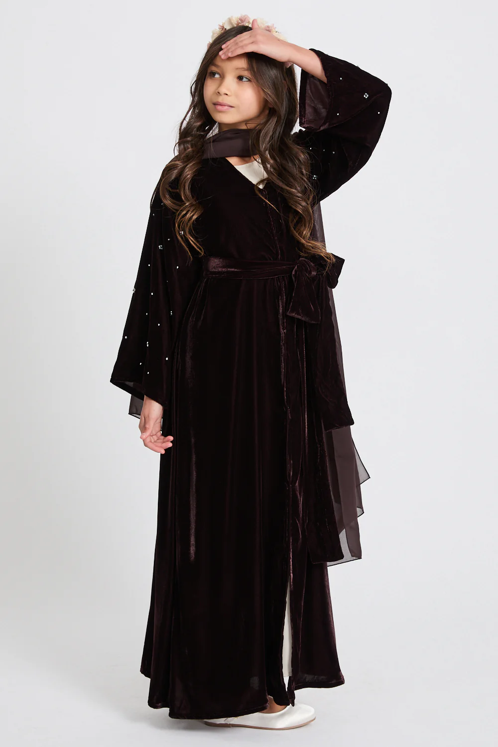 Junior Girls Premium Velvet Starlight Embellished Open Abaya - Rich Brown - Image 4