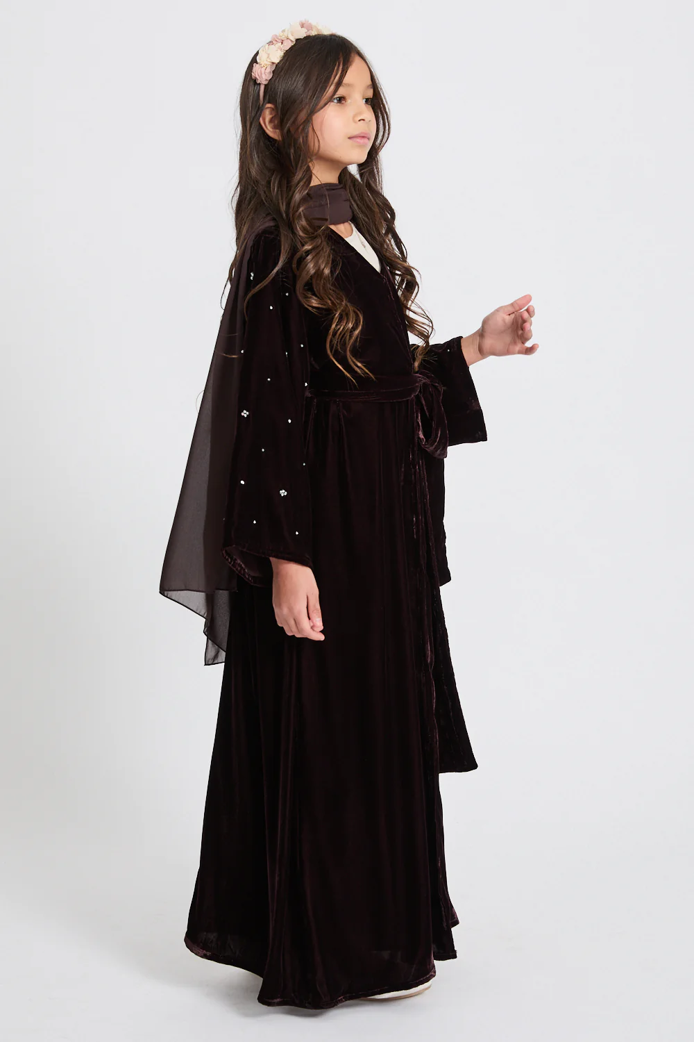 Junior Girls Premium Velvet Starlight Embellished Open Abaya - Rich Brown - Image 5