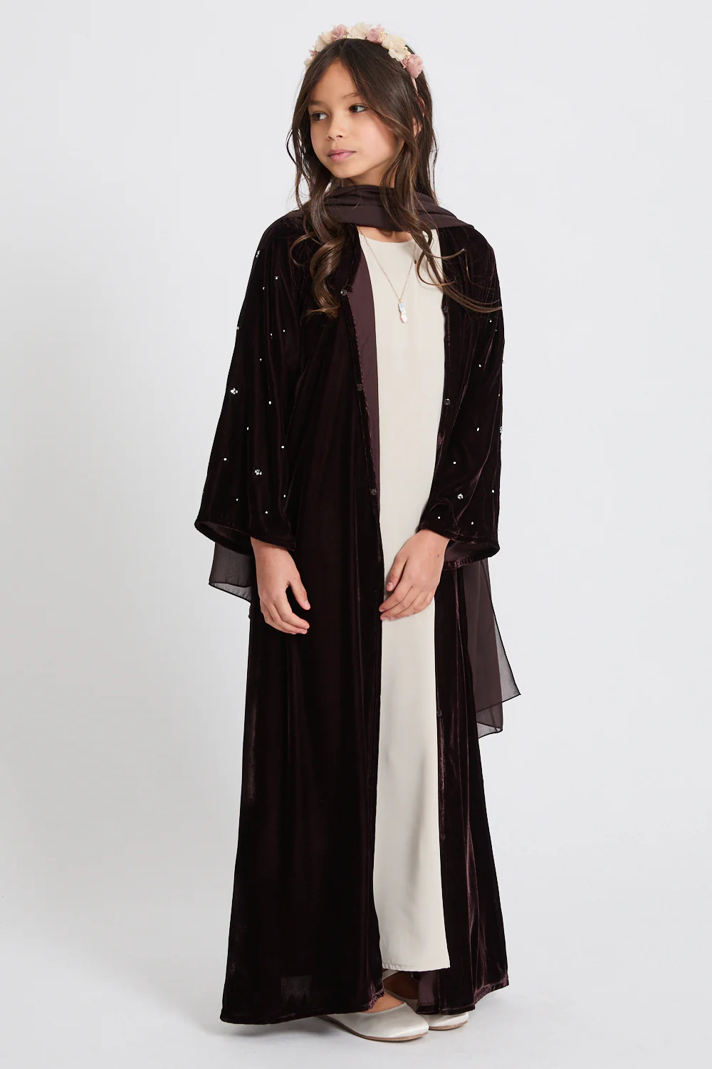 Junior Girls Premium Velvet Starlight Embellished Open Abaya - Rich Brown - Image 6