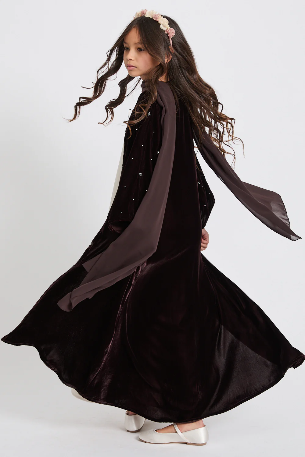 Junior Girls Premium Velvet Starlight Embellished Open Abaya - Rich Brown - Image 7
